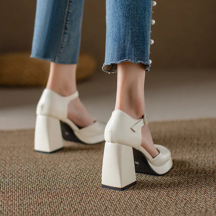 Women's Square Toe Buckle Straps Block Heel Platform Sandals Miami Toe Loop Sandals