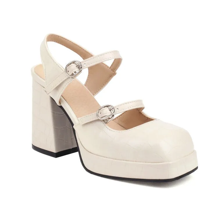 High Arch Sandals Women's Stone Pattern Shallow Mary Janes Block Chunky Heel Platform Sandals