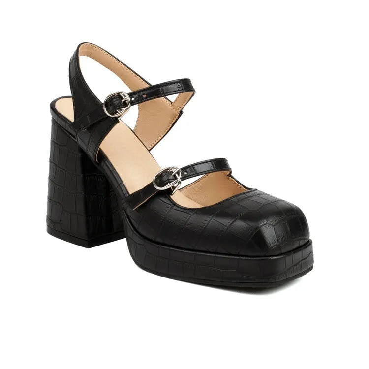 Slip Ins Sandals Women's Stone Pattern Shallow Mary Janes Block Chunky Heel Platform Sandals