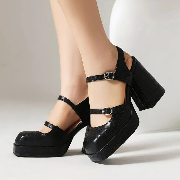 Sandals Halcyon Beach Hotel St Lucia Women's Stone Pattern Shallow Mary Janes Block Chunky Heel Platform Sandals