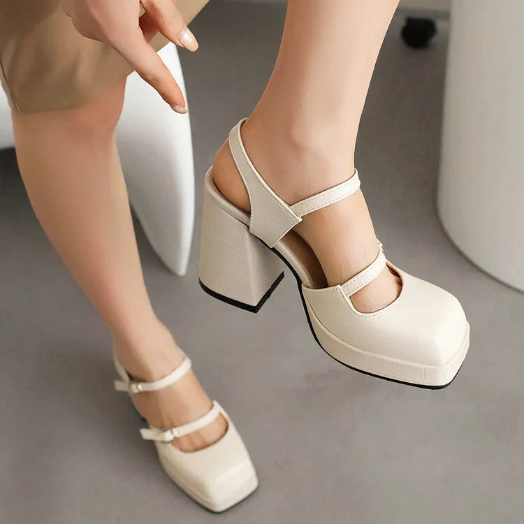 Women's Stone Pattern Shallow Mary Janes Block Chunky Heel Platform Sandals Santorini Sandals