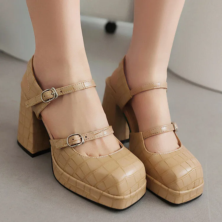 Women's Stone Pattern Shallow Mary Janes Block Chunky Heel Platform Sandals Dress Sandals Reviews