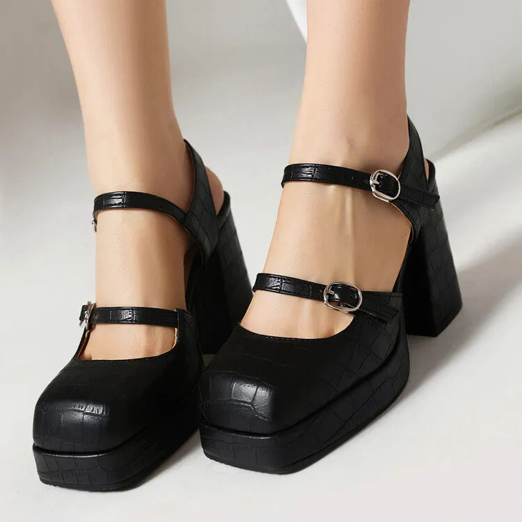 Sandals With T Strap Women's Stone Pattern Shallow Mary Janes Block Chunky Heel Platform Sandals