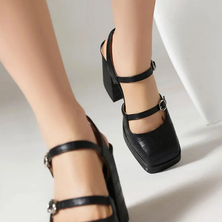 Women's Stone Pattern Shallow Mary Janes Block Chunky Heel Platform Sandals Resorts Barbados