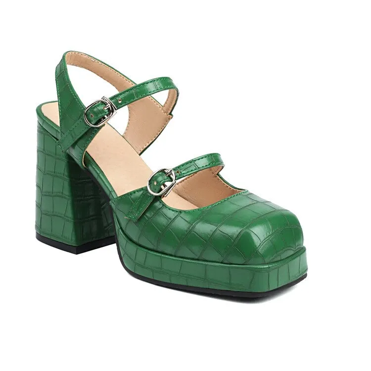 Grandco Sandals Women's Stone Pattern Shallow Mary Janes Block Chunky Heel Platform Sandals